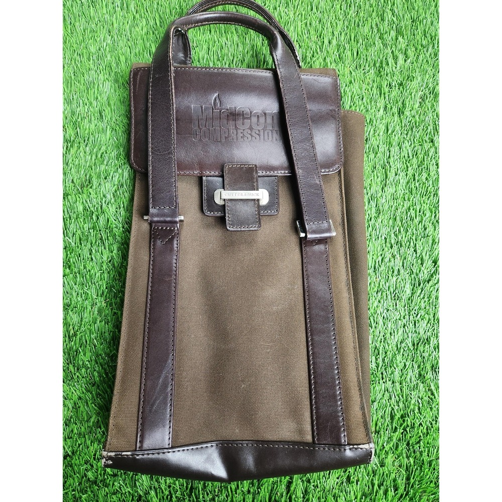 Cutter & Buck Brown Canvas Leather Wine Bottle Bag Houndstooth Lining Tote